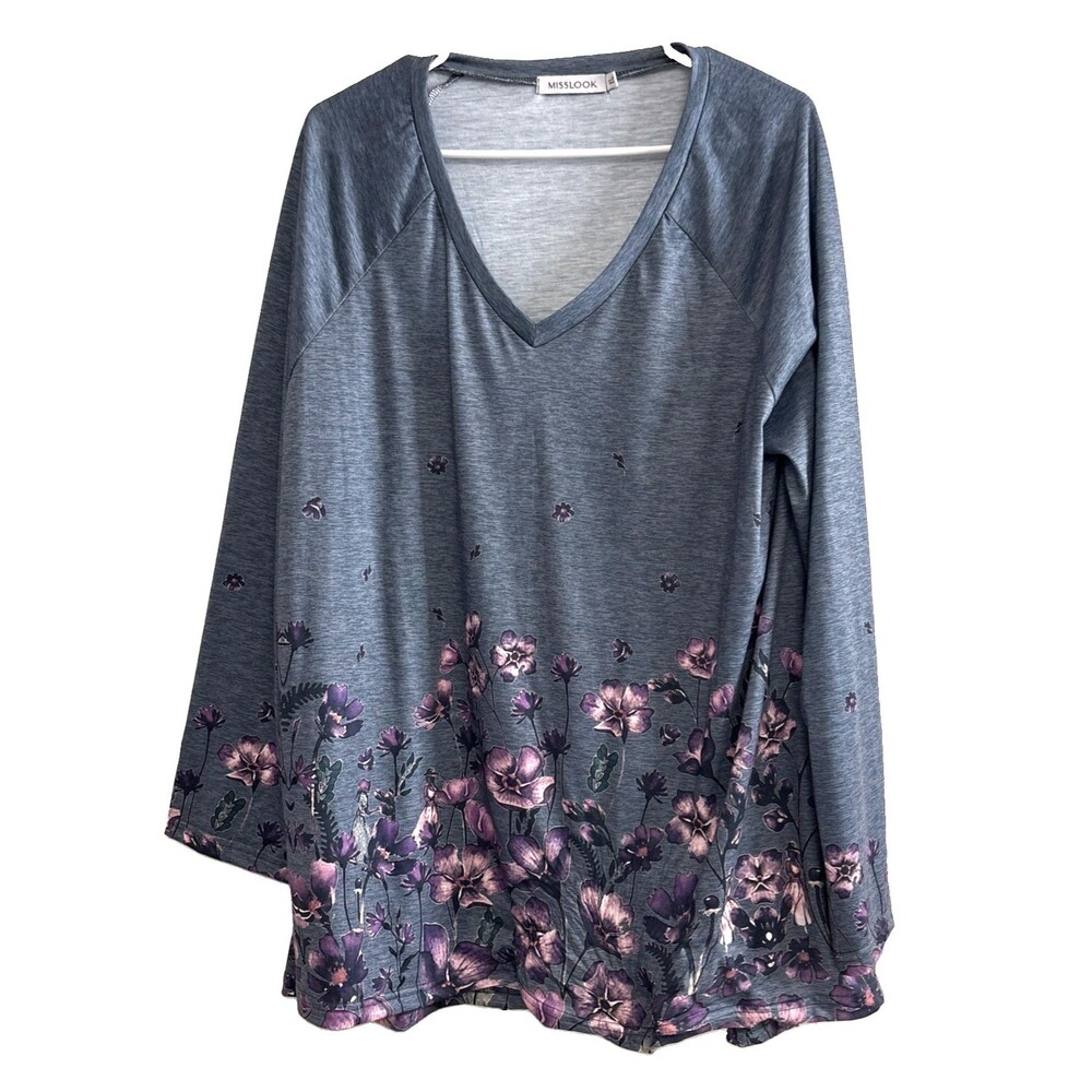 MissLook Pullover Top Pink Floral on Gray V-Neck Long Sleeve Womens XL